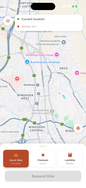 NamCab rider app home screen showing the map of Windhoek and ride booking