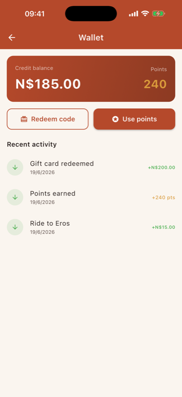 NamCab rider app wallet screen with balance and payment options