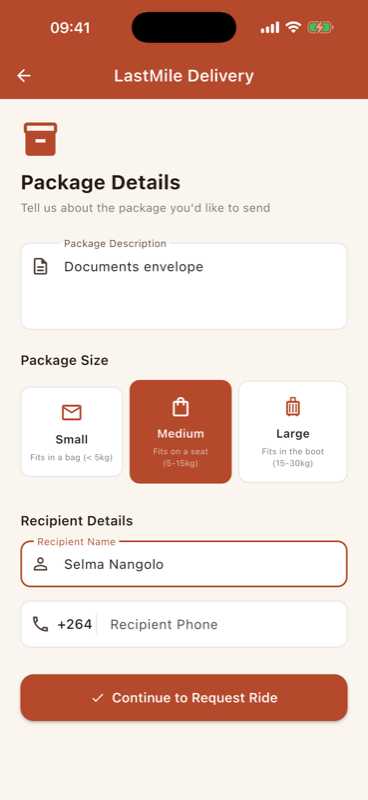 NamCab rider app parcel delivery screen for sending packages across town