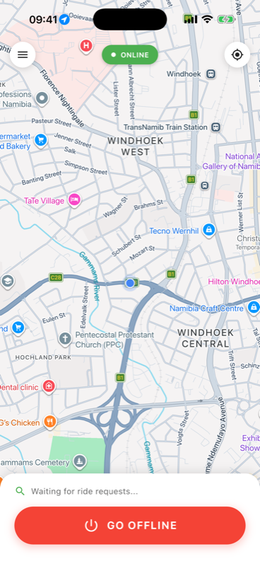 NamCab driver app online screen, ready to receive ride requests