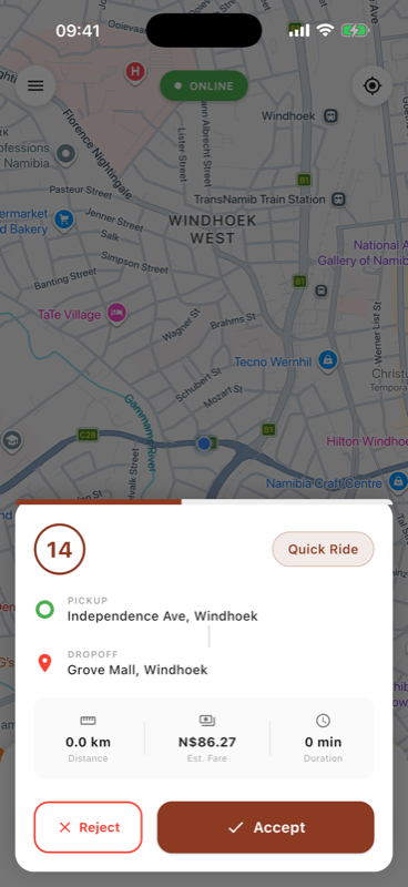 NamCab driver app showing an incoming ride request with fare and route