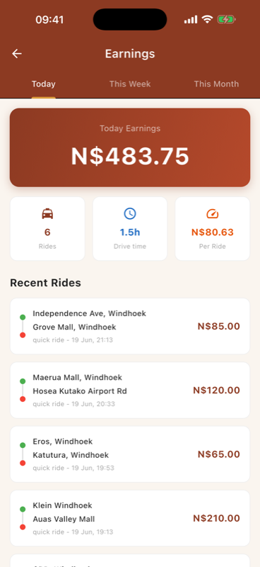 NamCab driver app earnings screen with weekly payout summary